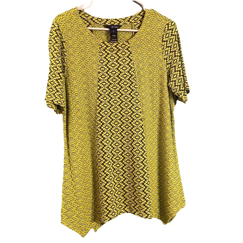 Ali Miles Women Size PL Green Brown Tunic Short Sleeves Pullover Chartreuse
